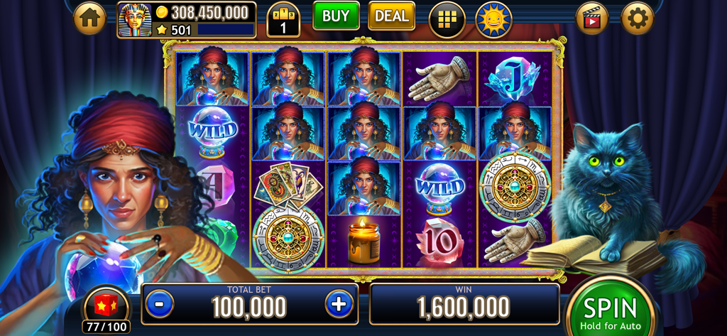 A fortune teller themed slot machine game in Vegas Slots Galaxy Casino featuring a mystic woman and a black cat