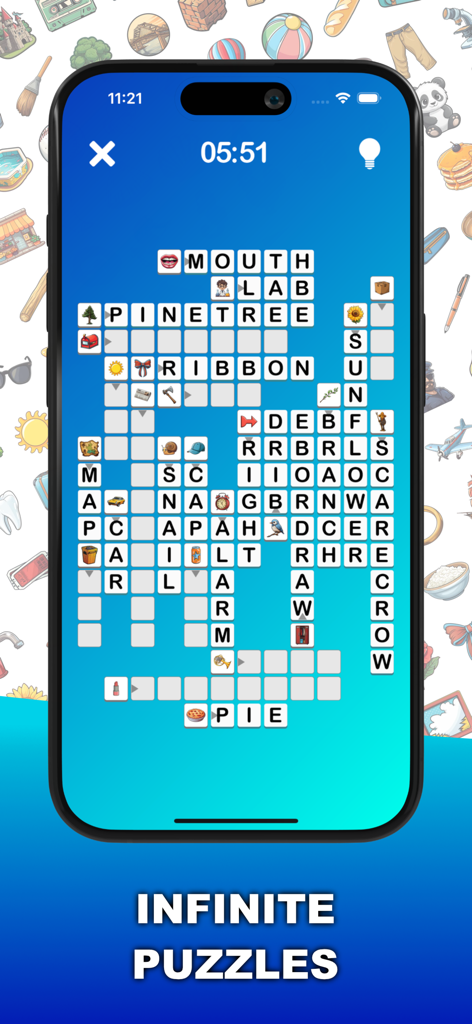 Word Detective - Pantalla del juego móvil Word Detective mostrando pistas de iconos en una cuadrícula de crucigrama