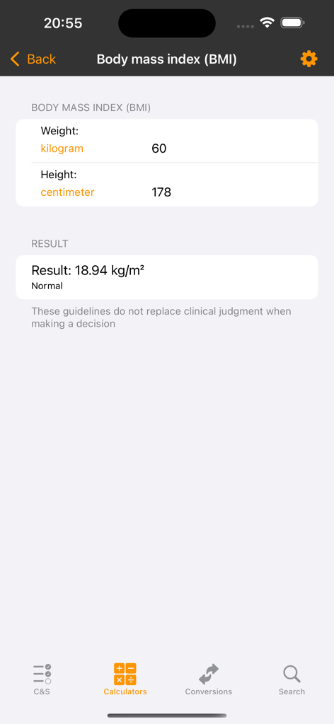 Body mass index calculator screen in the mediCS app showing height weight and calculated results