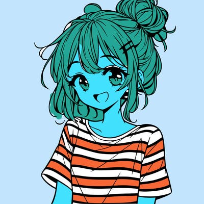 anime girl teenager striped shirt and smile and messy bun