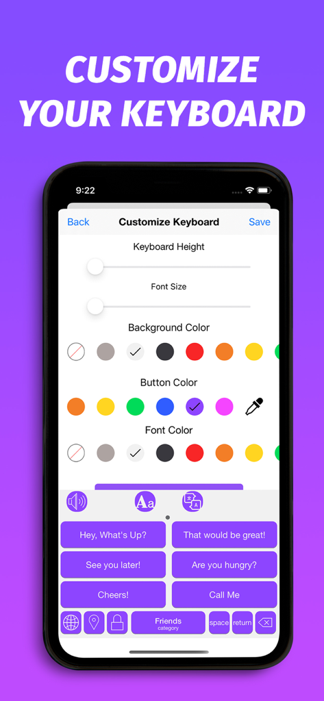 Phraseboard Keyboard - A mobile screen showing customization settings for keyboard height, font size, and color themes in the Phraseboard app.