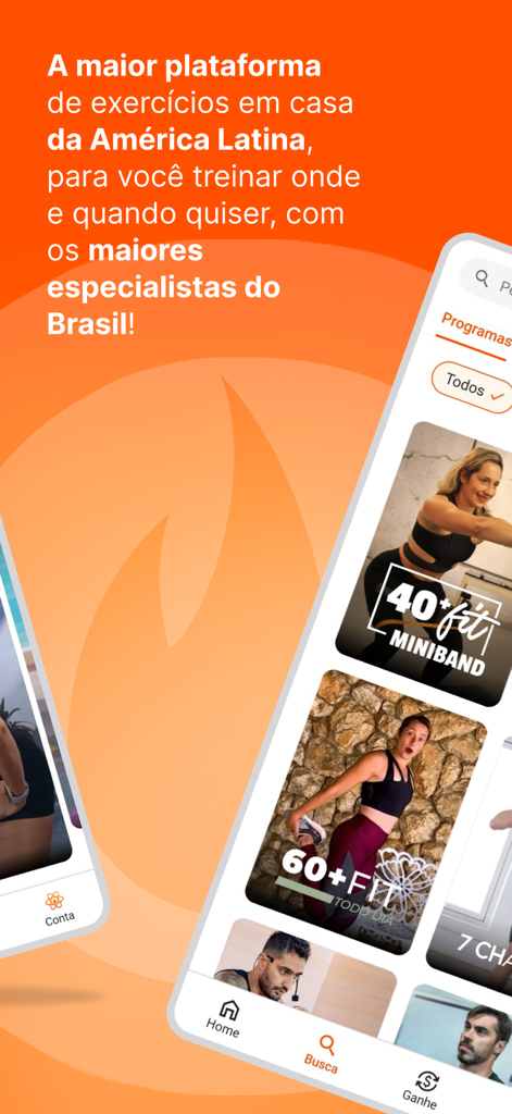 Interface de l'application mobile Queima Diaria affichant divers programmes d'entraînement à domicile et instructeurs de fitness.