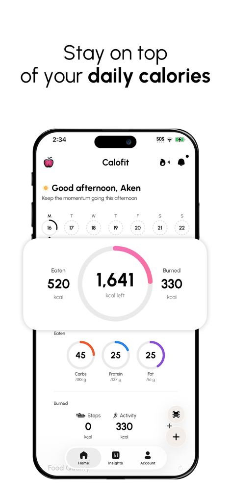Calofit - AI Food Tracker - Calofit app dashboard showing daily calorie progress macro tracking and activity summary