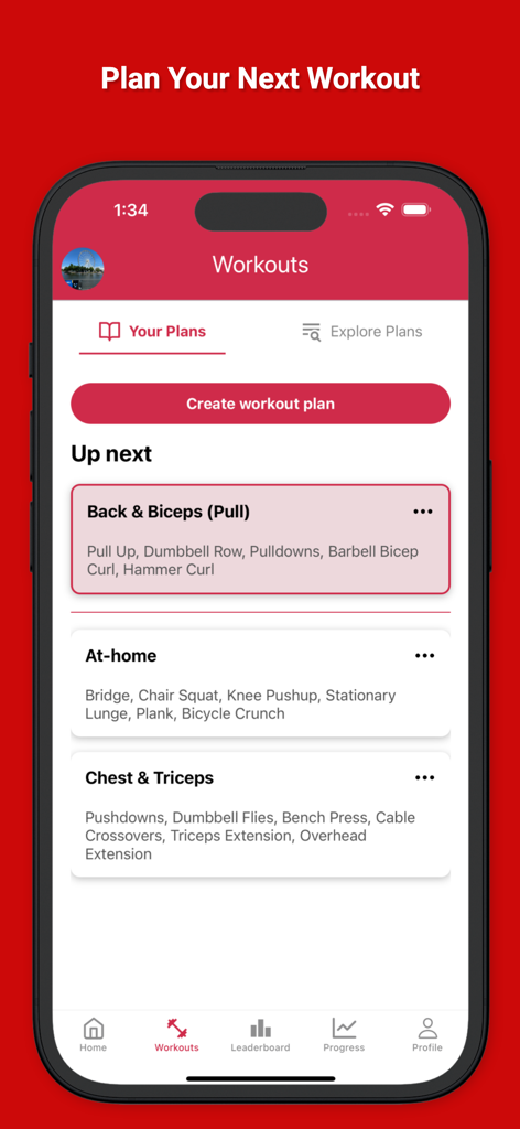 Gym Rank 앱 인터페이스, 등 및 이두근, 홈 운동과 같은 운동 계획 및 루틴 표시