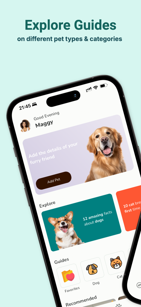 Furry Friend : Pet Care App - Furry Friend app screen showing pet care guides and a dog facts card