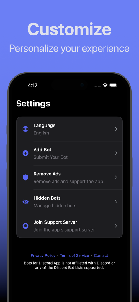 Bots for Discord - Menu delle impostazioni per l'app Bot per Discord che mostra opzioni di personalizzazione, incluse impostazioni della lingua e gestione dei bot