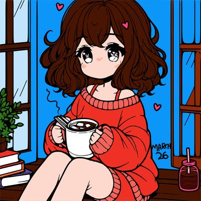 cute anime girl reading book and drinking hot chocolate from mug with loose wavy hair wearing a baggy sweatshirt and shorts sitting by windowsill looking out