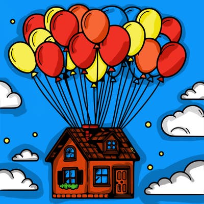 house floating from lots of balloons