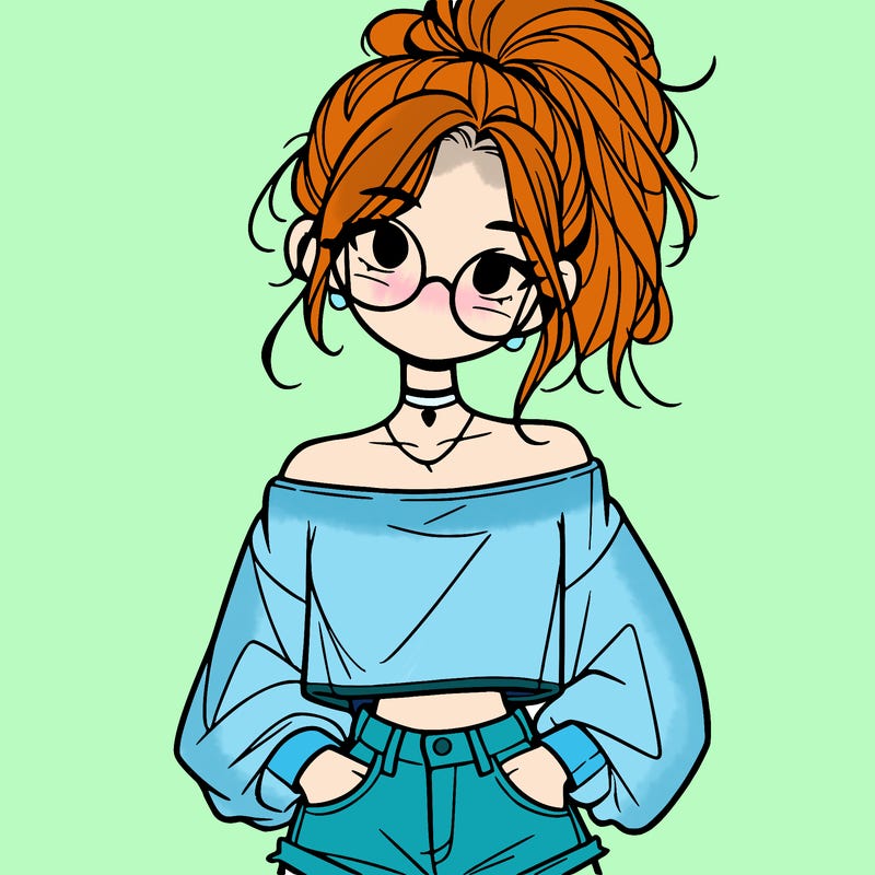 girl with a messy ponytail glasses a baggy crop top and jean shorts