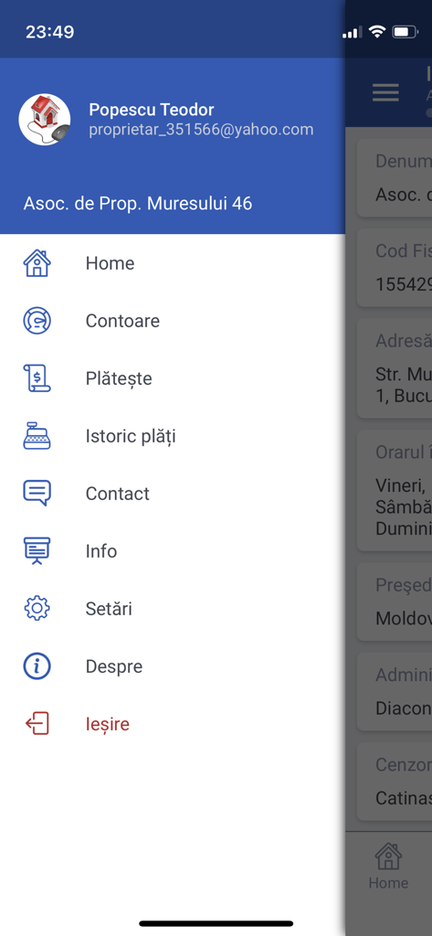 e-bloc.ro - Side menu of the e-bloc property management app showing navigation options for meter readings, payments, and settings.
