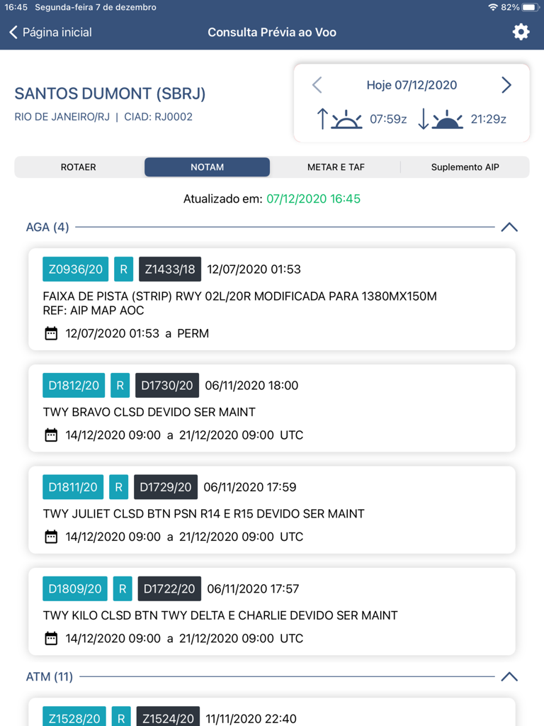 FPL BR EFBタブレットインターフェイスに表示されているサントス・デュモン空港の事前飛行NOTAM情報