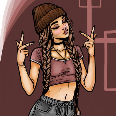 realistic teenage girl with braids and a beanie and crop top doing 🫶🏼