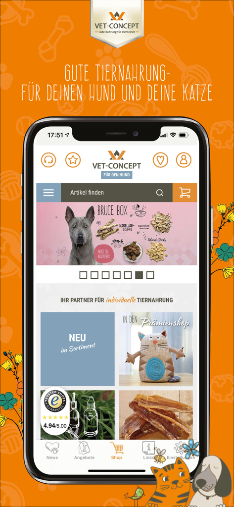 Vet-Concept - Vet-Concept mobile App-Startbildschirm mit Tierfutterprodukten und Kategorien für Hunde und Katzen