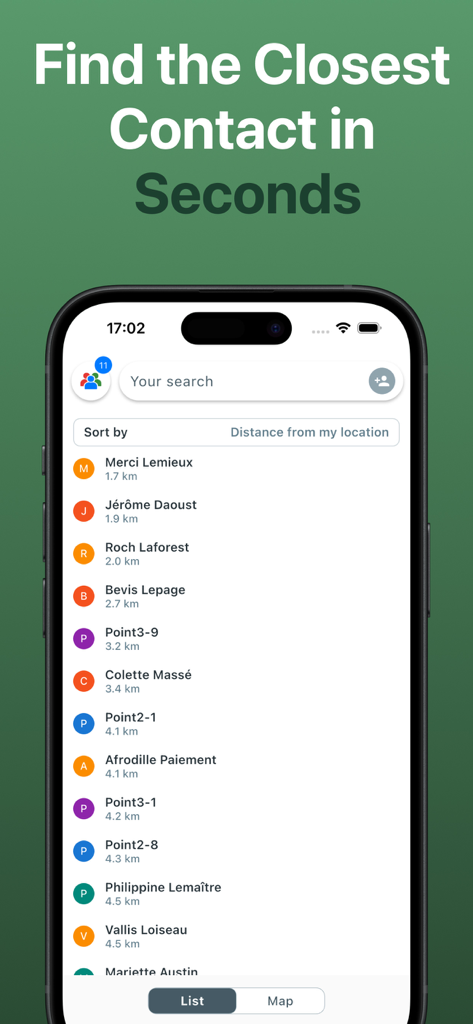 Contact Map - Address Mapping - A mobile interface showing a list of phone contacts sorted by their physical distance from the user's current location