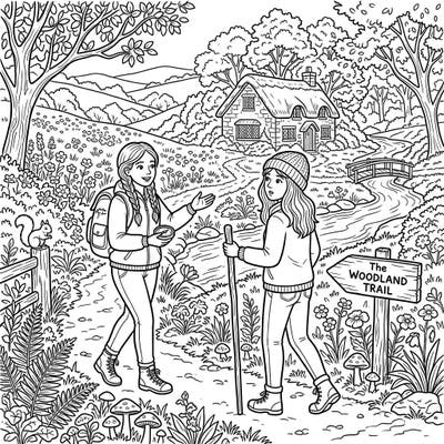Embark on a delightful journey with two best friends as they explore 'The Woodland Trail' in a whimsical Cottagecore setting. This intricate coloring page captures the joy of outdoor adventure amidst charming rustic scenery, inviting you to add your personal touch of color.