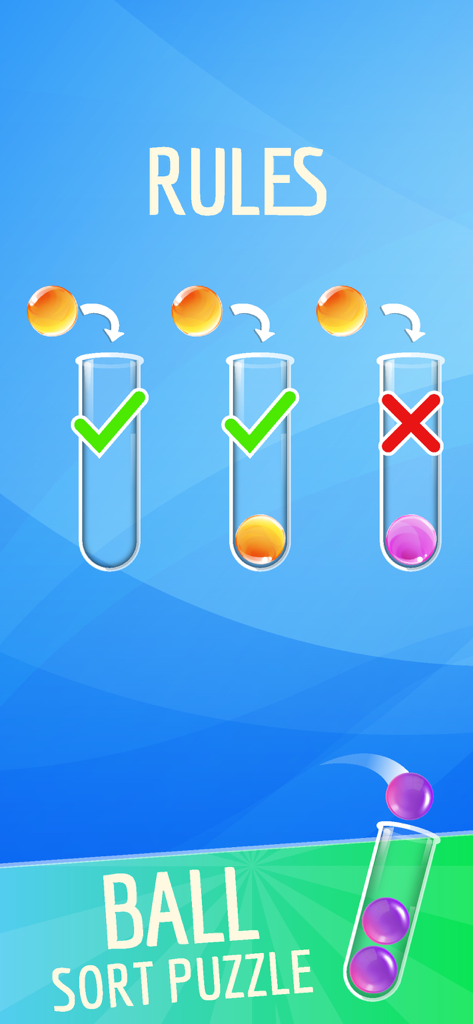 Gameplay rules for Ball Sort Color Sort Puzzle demonstrating correct and incorrect ball movement.