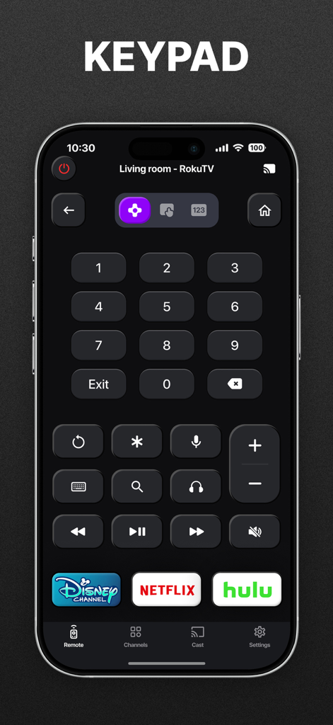 Ecrã do iPhone mostrando o teclado numérico e os atalhos de streaming da aplicação Universal Remote TV