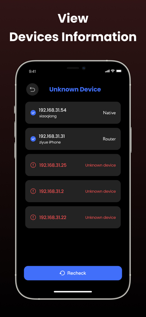Glint Finder app interface displaying a network scan with identified and unknown devices.