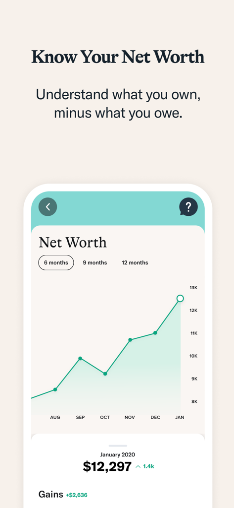 Central Pacific Bank - Mobile app screen showing a net worth line graph tracking financial gains over six months