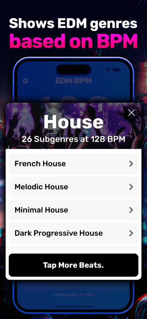 BPM Counter App ∎∎ EDM BPM - BPM Counter App zeigt eine Liste von House-Subgenres bei 128 BPM