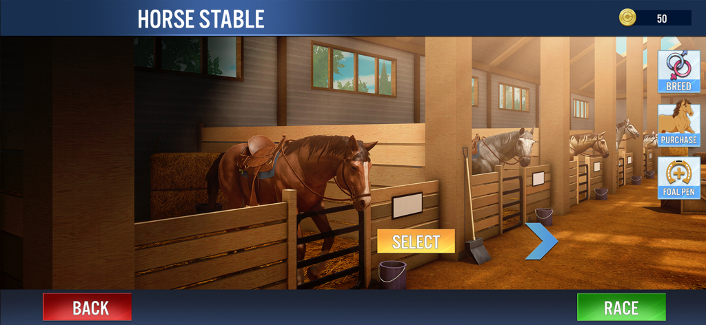 My Stable Horse Racing Games - Écran de gestion d'écurie de chevaux montrant des boxes à chevaux et des options pour la reproduction et l'achat de chevaux