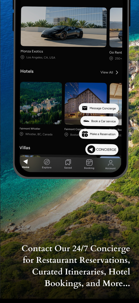 Amalfi Jets - Screenshot of the Amalfi Jets app displaying concierge options for luxury car rentals and hotel reservations with a 24/7 support call-to-action.