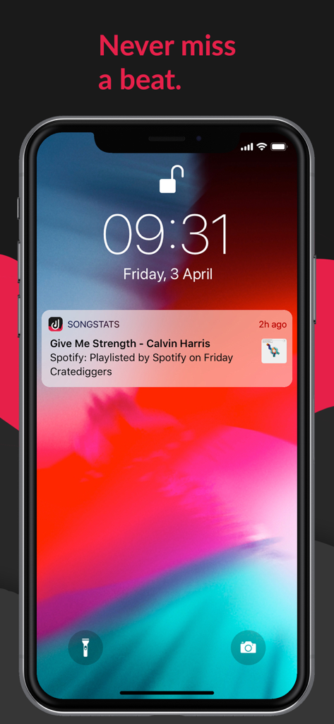 Songstats: Music Analytics - Blocco schermo di uno smartphone che mostra una notifica push di Songstats per una nuova aggiunta alla playlist di Spotify