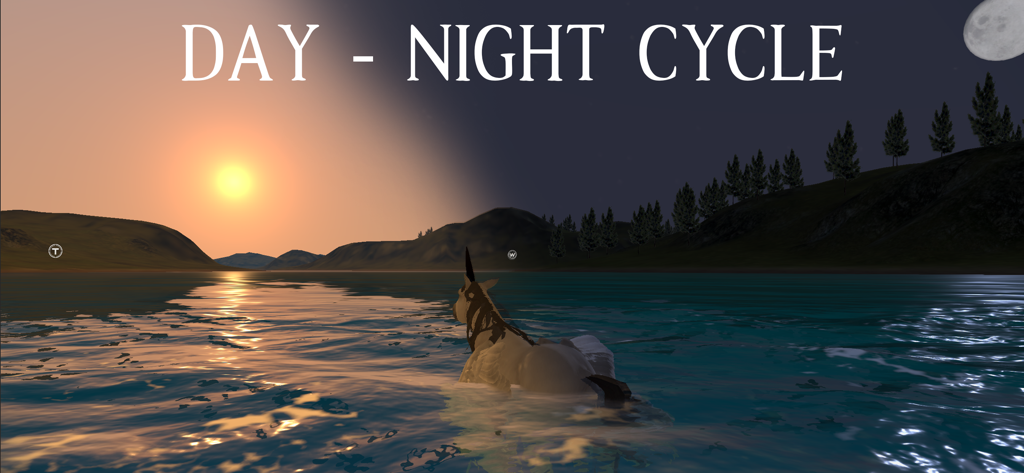 Flying Unicorn Simulator 2024 - A unicorn swimming in a lake during a day and night cycle transition in the game.