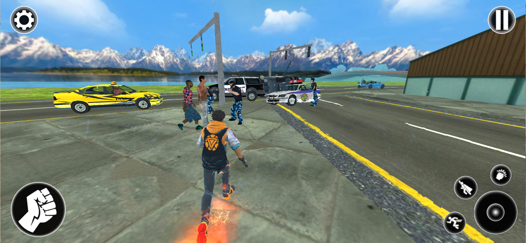 Spider Games Miami Rope Hero - Captura de pantalla del juego de Spider Games Miami Rope Hero con un personaje de superhéroe acercándose a coches de policía en un entorno de ciudad 3D de mundo abierto.