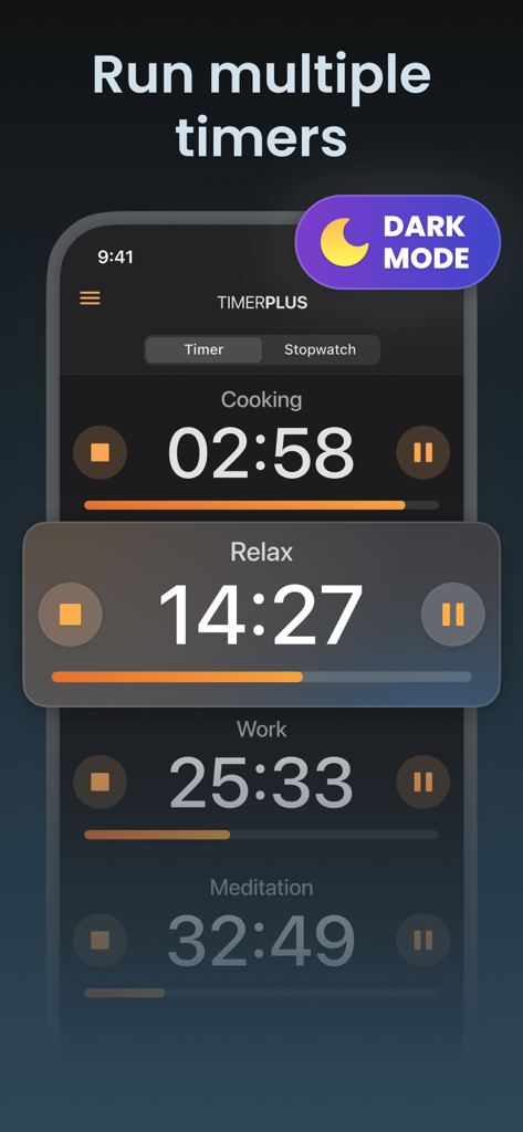 MultiTimer: Stopwatch + Timer - MultiTimer app interface in dark mode showing multiple simultaneous timers for cooking and work