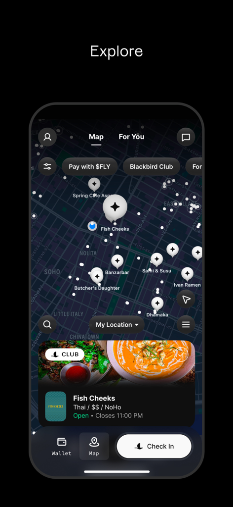 Mobile app screenshot showing an interactive map of restaurants in New York City with loyalty reward pins and a check-in button