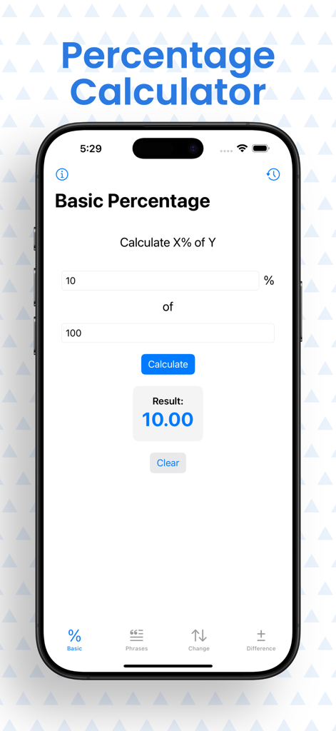Screenshot of the Percentage Calculator Auto mobile app interface showing a basic calculation of 10 percent of 100 with the result displayed as 10.00