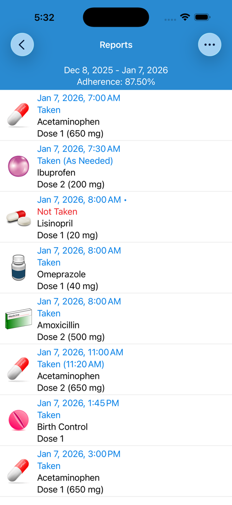 Visualização de relatórios do aplicativo Lembrete de Pílulas exibindo logs de medicação e taxa de adesão