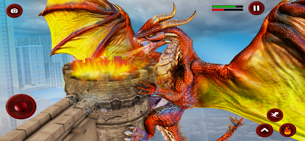 Dragon City Attack:Dragon Game - Um dragão vermelho cuspindo fogo para destruir uma torre de pedra em um ambiente de cidade