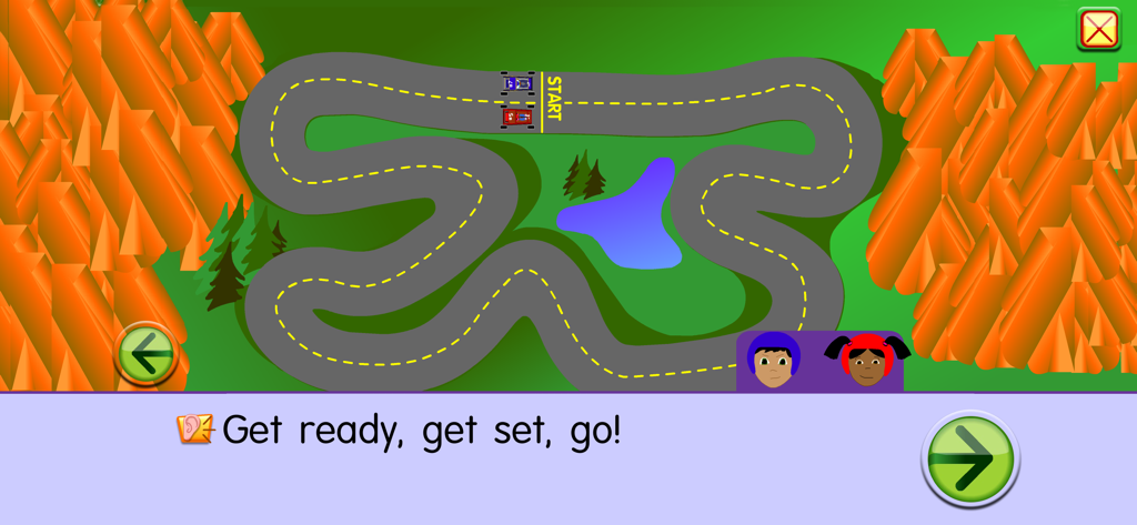 Tela de atividade de corrida de carros no aplicativo Starfall Aprenda a Ler com o texto de instrução Prepare-se, pronto, vá.