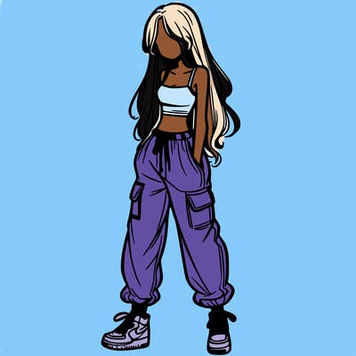 girl in baggy pants crop top and long hair