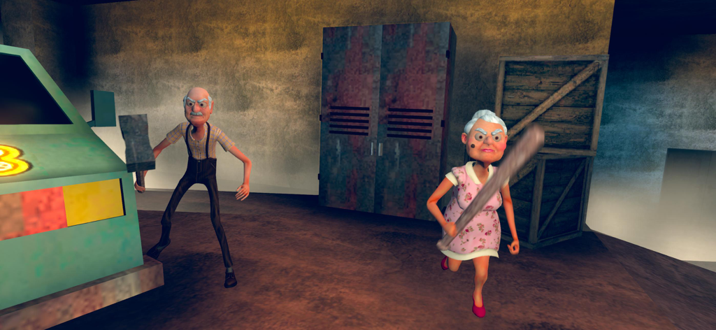 Grandpa and Granny 4 Online - Abuelo aterrador sosteniendo un martillo y Abuela corriendo con un bate en un garaje oscuro.