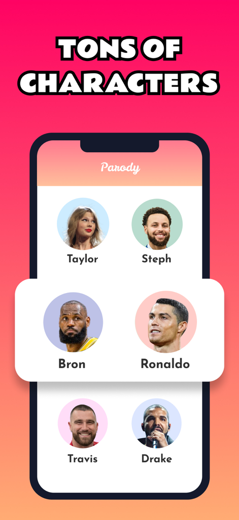 A selection screen in Parody AI app showing various celebrity characters like Taylor Swift and LeBron James for video creation.