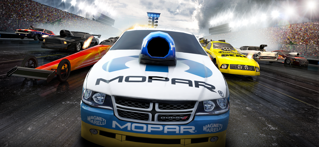 Mopar Drag N Brag - A group of different Mopar drag racing cars lined up on a stadium track