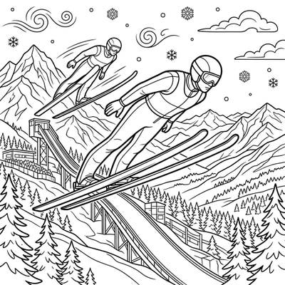 Experience the exhilarating world of ski jumping with this dynamic coloring page. Watch as two athletes defy gravity, captured mid-flight against a stunning winter backdrop, ready for your creative touch.