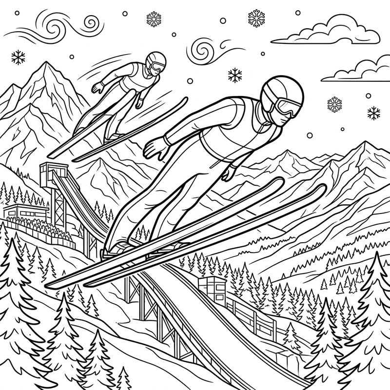 Experience the exhilarating world of ski jumping with this dynamic coloring page. Watch as two athletes defy gravity, captured mid-flight against a stunning winter backdrop, ready for your creative touch.