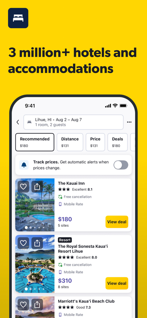 Cheapflights app interface displaying hotel search results and special mobile rates for accommodations.