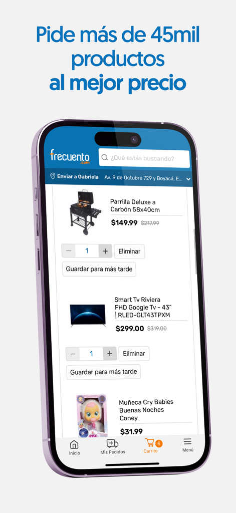 Frecuento - Tela do carrinho de compras do aplicativo Frecuento exibindo uma churrasqueira, smart TV e boneca com preços para entrega no Equador.