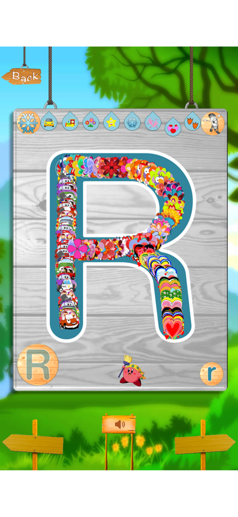 A colorful letter R being traced with patterns of flowers and cars in a kids educational app