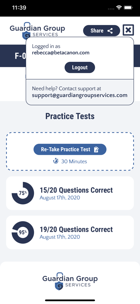 Practice test history screen of the Fire Guard for Shelters F-02 app showing quiz scores and a re-take button.