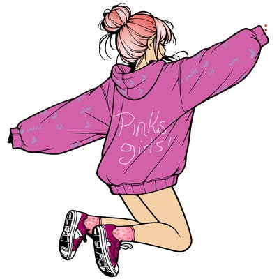 realistic girl jumping with a bun and oversized sweatshirt