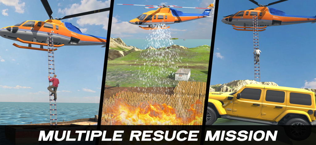 Gameplay screenshots showing helicopter rescue missions including firefighting and person retrieval from a boat and near a yellow vehicle