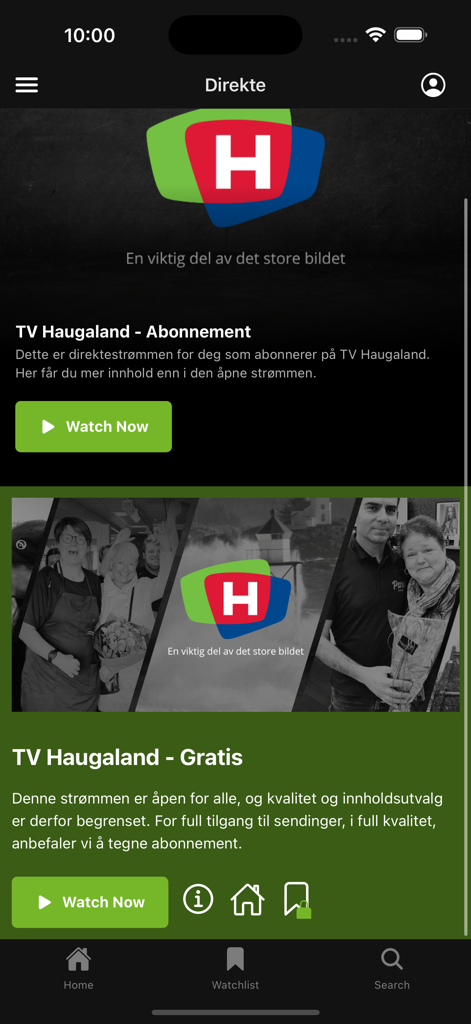 TVH - TV Haugalandアプリのホーム画面。サブスクリプションと無料ライブストリーミングオプションが表示されています。