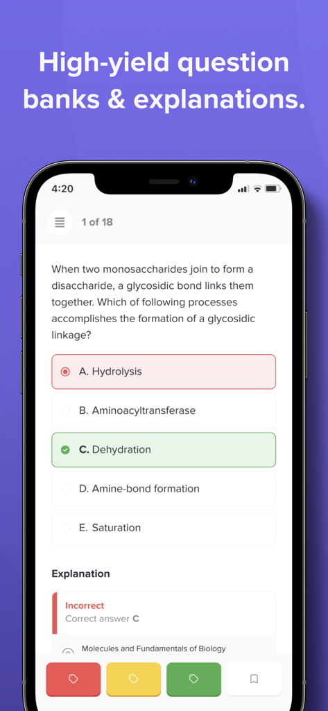 Bootcamp app interface showing a biology practice question about glycosidic bonds with multiple choice answers and a detailed explanation