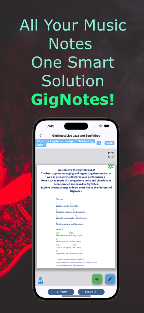 GigNotes – Setlists & Sheets - GigNotes app showing a digital songbook with lyrics and chords on a smartphone screen